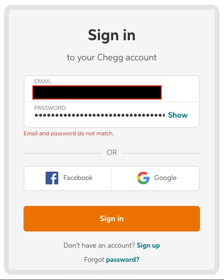 Chegg dumb password rule screenshot