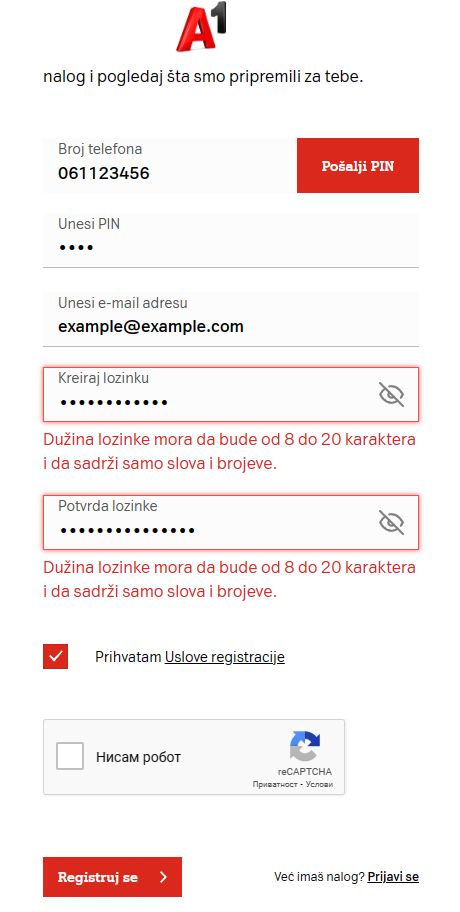 A1 Mobile Serbia dumb password rule screenshot